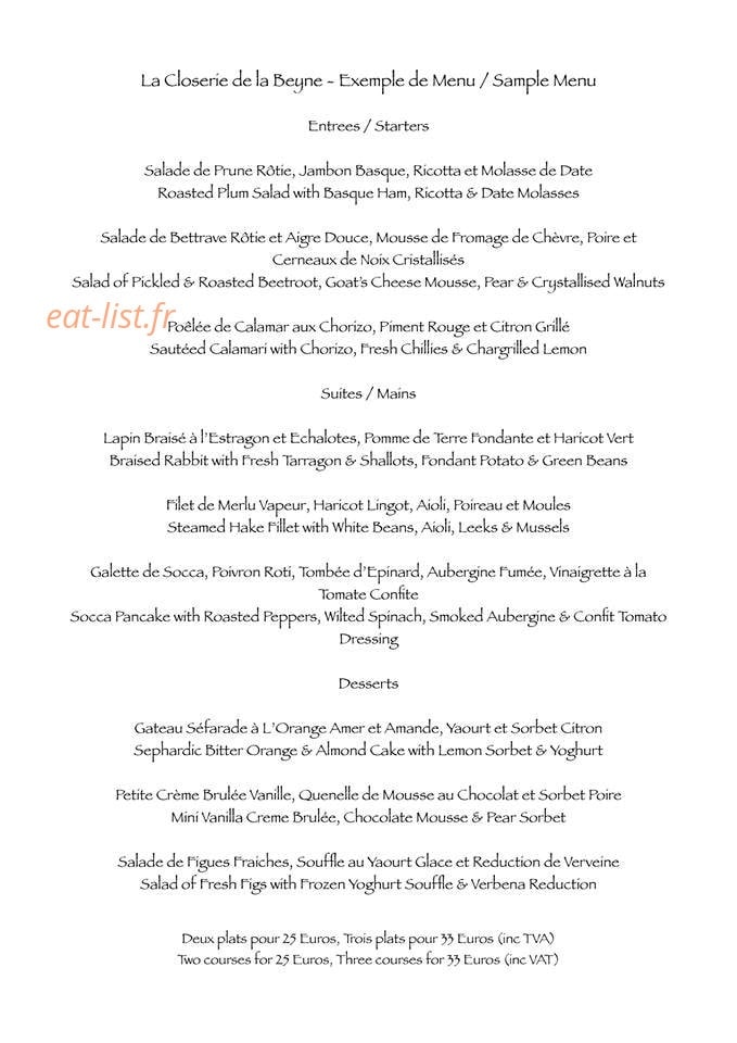 La Closerie de la Beyne — carte page 1