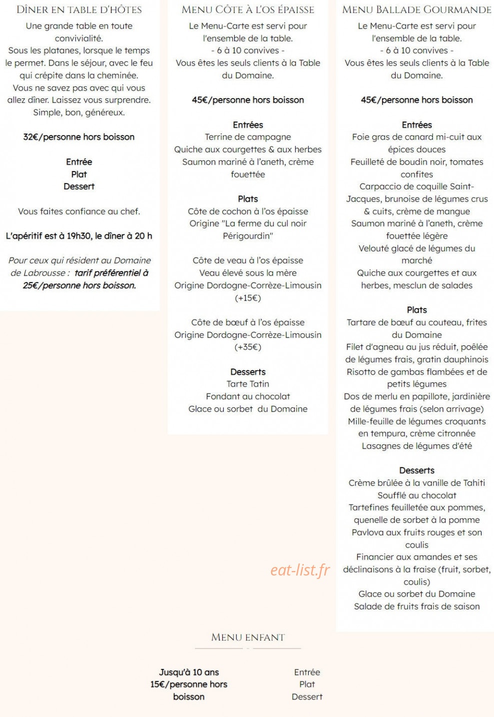 La Table du Domaine — carte page 1