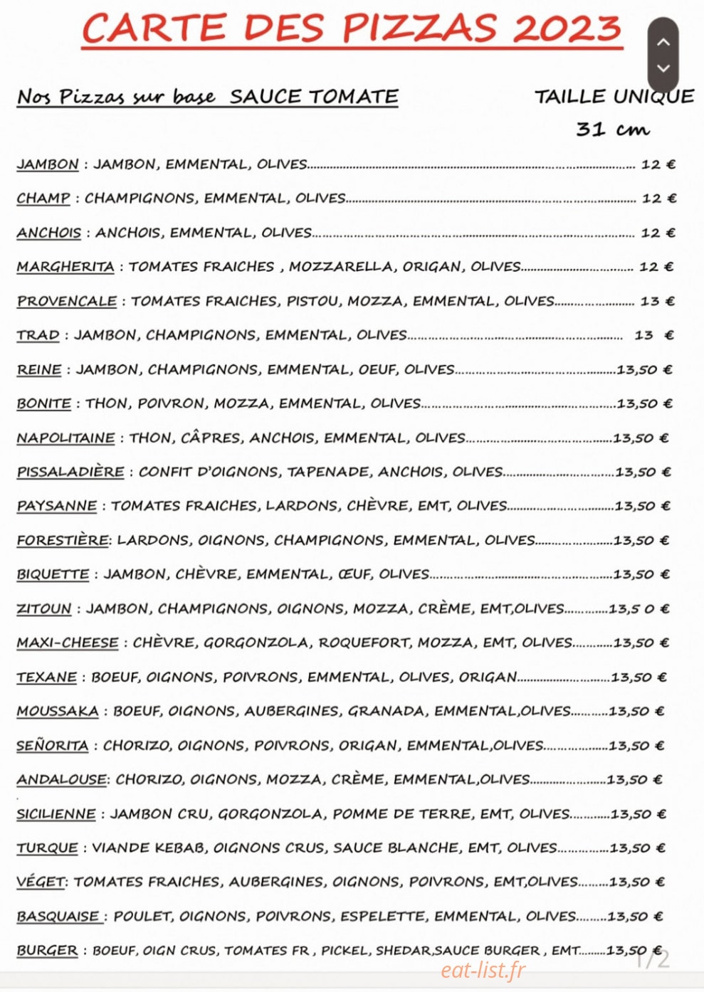 Mafabiolila Pizza — carte page 1