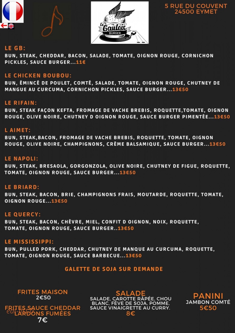 Le Gaulois Burger — carte page 1