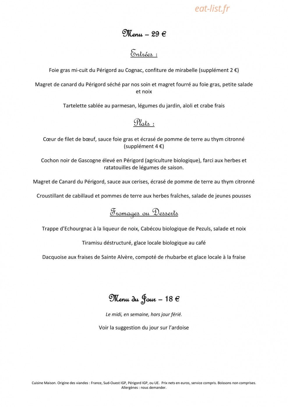 Carte et menu de La P'tite Factory à Sainte Alvere — Les menus