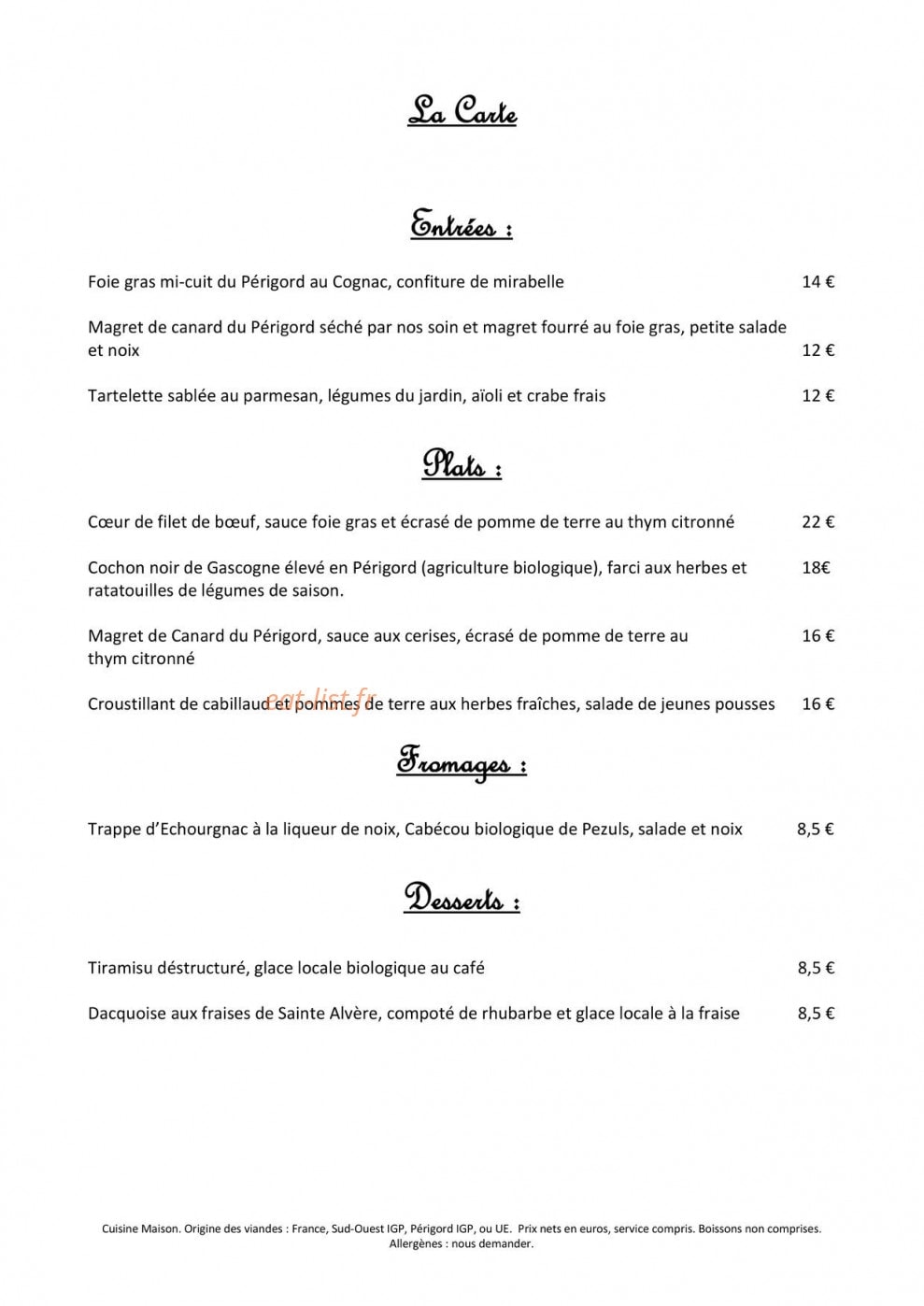 Carte et menu de La P'tite Factory à Sainte Alvere — Les plats à la carte