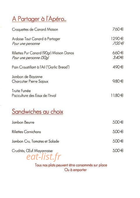 Les Tartines etc — carte page 1