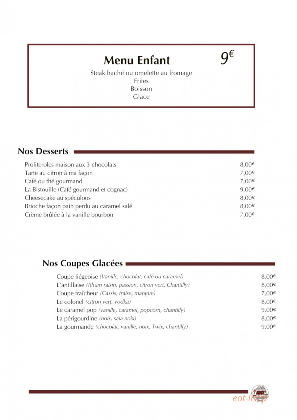 Carte et menu de La Petite Auberge à Villefranche du Perigord — Les desserts, coupes glacées, ...