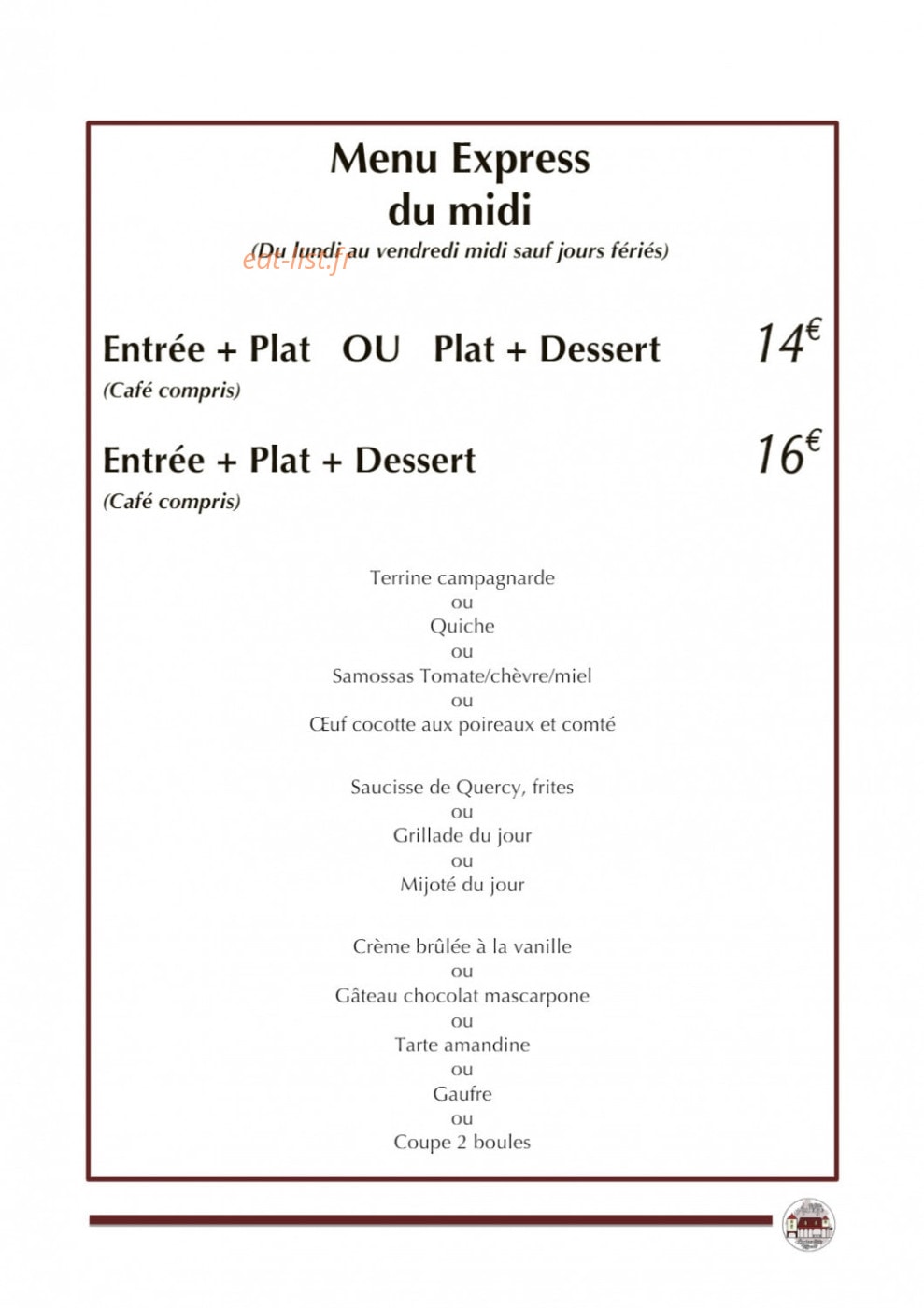 Carte et menu de La Petite Auberge à Villefranche du Perigord — Le menu Express du midi