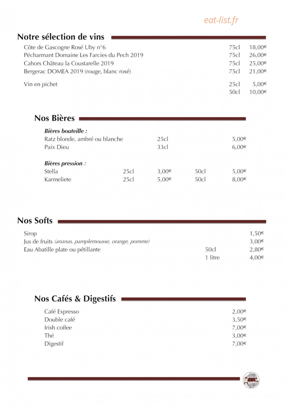 Carte et menu de La Petite Auberge à Villefranche du Perigord — Les bières, softs, ...