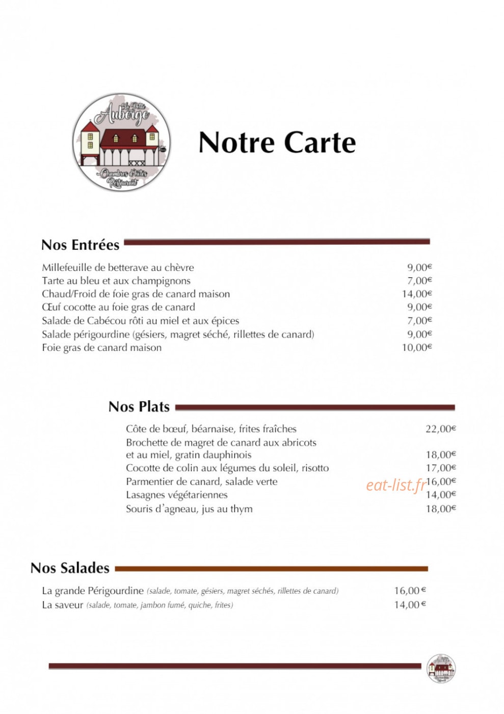 Carte et menu de La Petite Auberge à Villefranche du Perigord — Les entrées, plats, ...