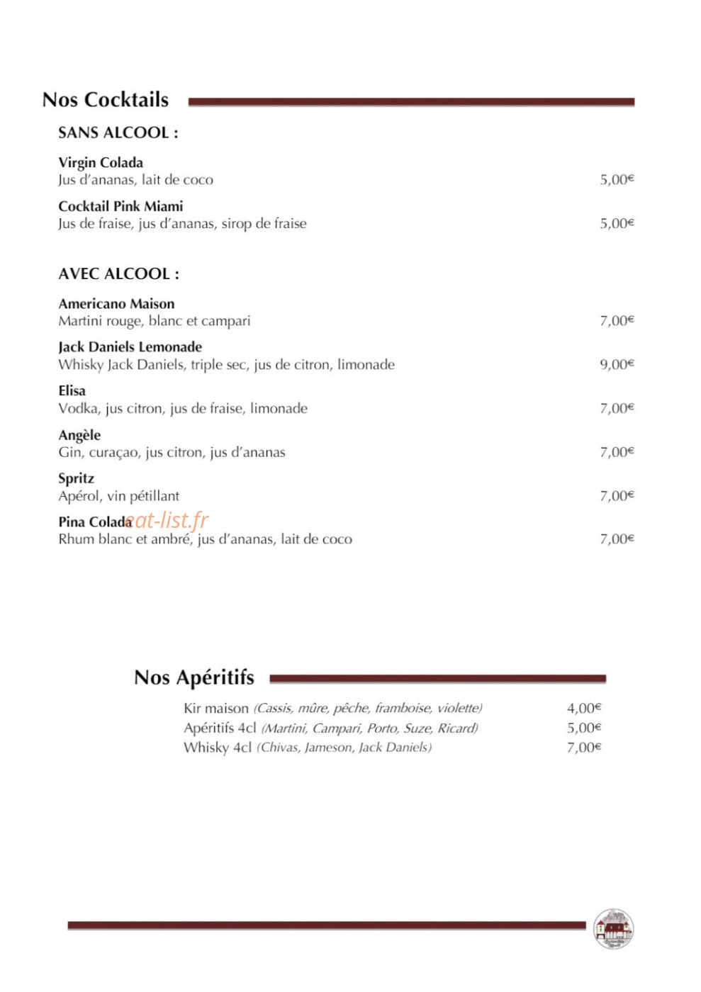 Carte et menu de La Petite Auberge à Villefranche du Perigord — Les cocktails, apéritifs