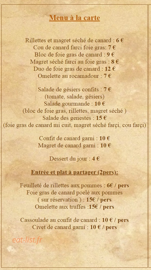 Carte et menu de La ferme Auberge des Genestes à Saint Genies — Menu à la carte