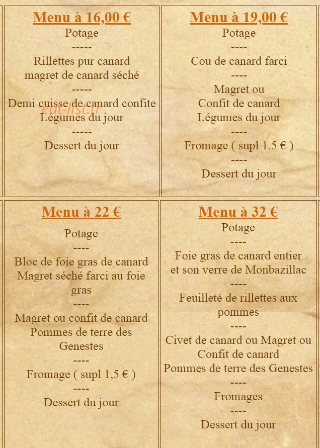 Carte et menu de La ferme Auberge des Genestes à Saint Genies — Les menus