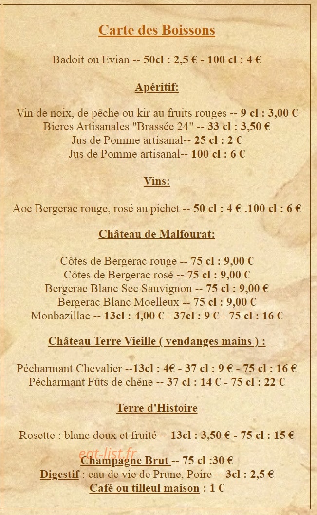 Carte et menu de La ferme Auberge des Genestes à Saint Genies — Les boissons