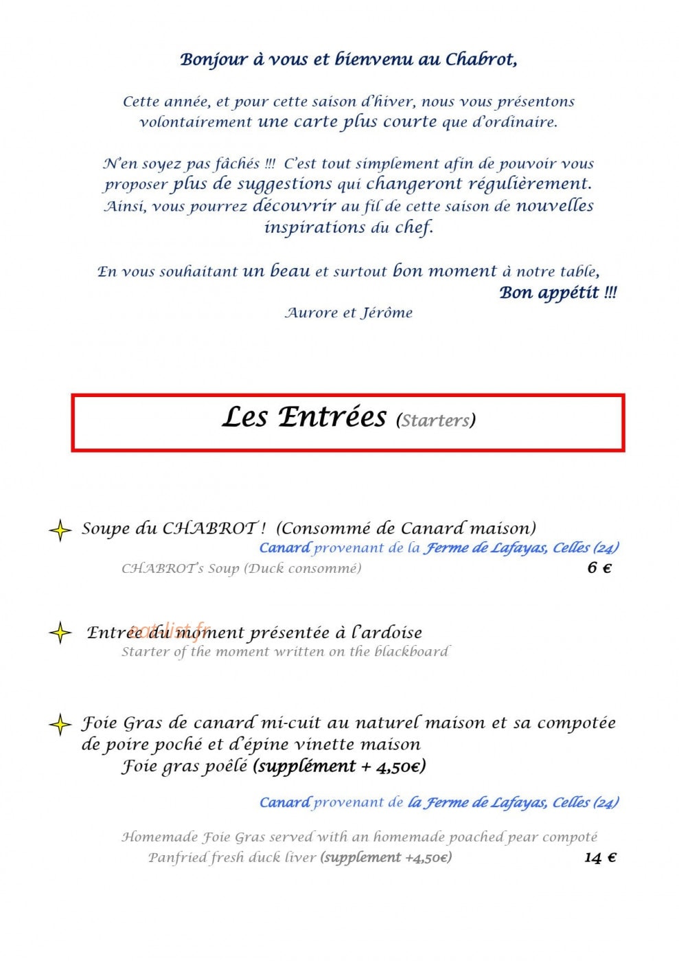 Le Chabrot — carte page 1