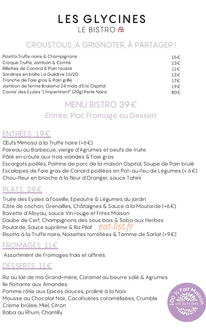 Le Bistro des Glycines — carte page 1