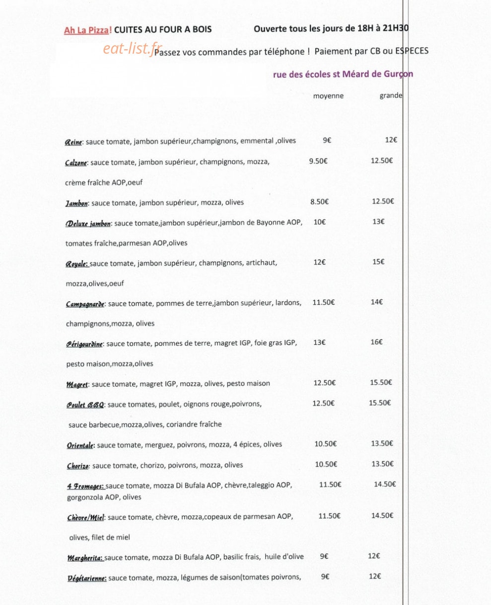 Ah la pizza — carte page 1