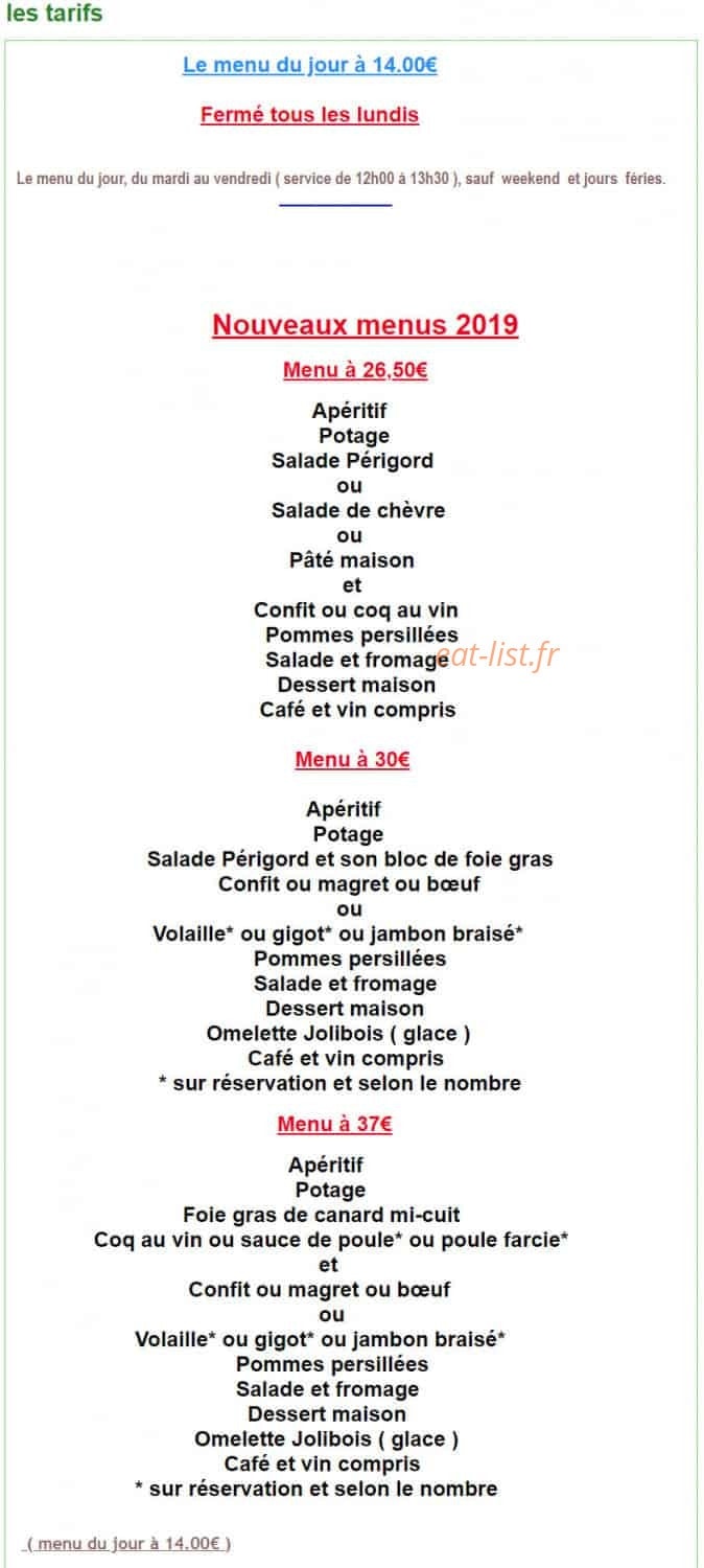 Auberge Jolibois — carte page 1