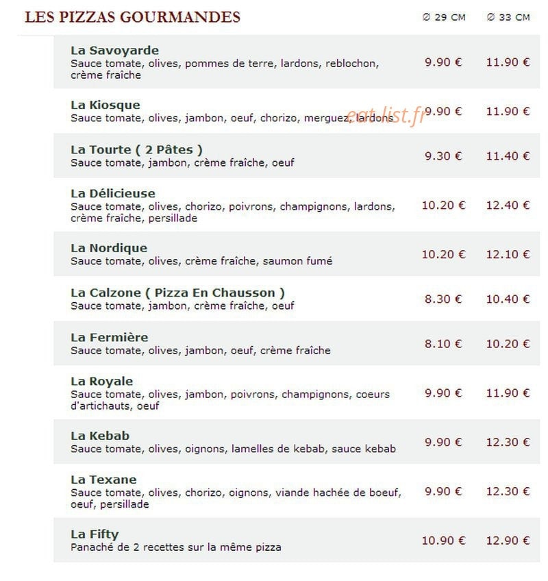 Le Kiosque à Pizzas — carte page 1