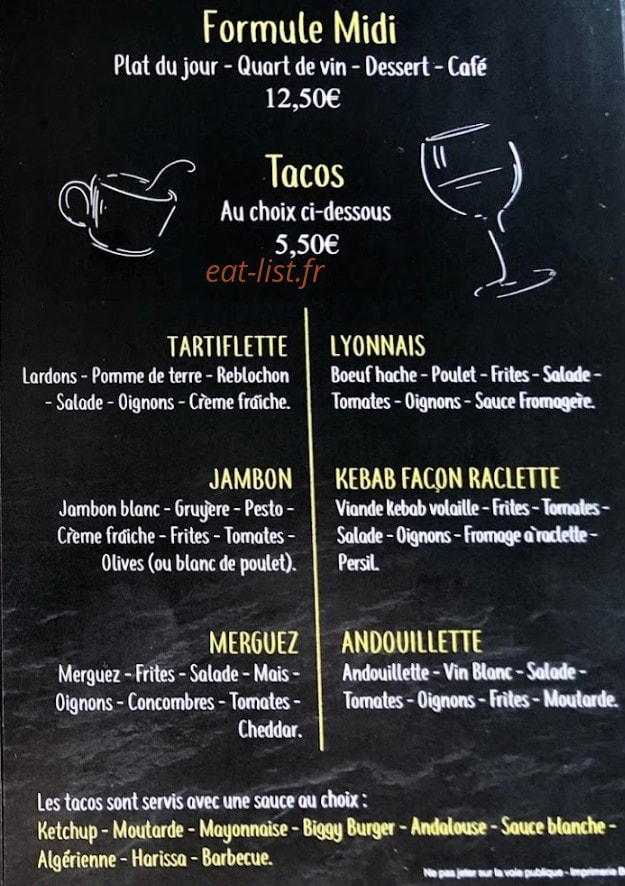 Carte et menu de Au Pont De La Cité à Coulounieix Chamiers — Les formules midi et tacos