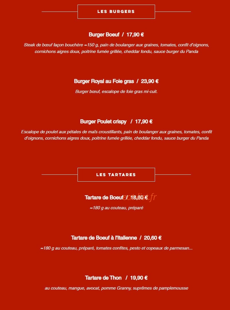 Carte et menu de Le Cercle des Pandas à Notre Dame de Sanilhac — Les burgers et tartares
