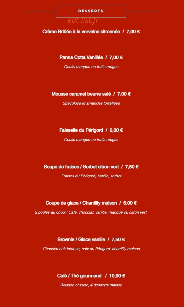 Carte et menu de Le Cercle des Pandas à Notre Dame de Sanilhac — Les desserts