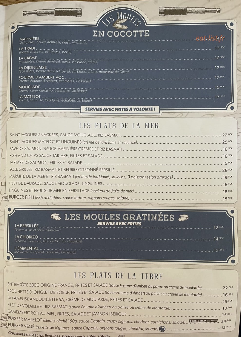 Carte et menu de Matelot à Boulazac Isle Manoire — Les plats, moules gratinées