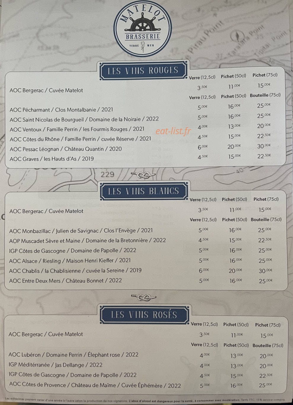 Carte et menu de Matelot à Boulazac Isle Manoire — Les vins