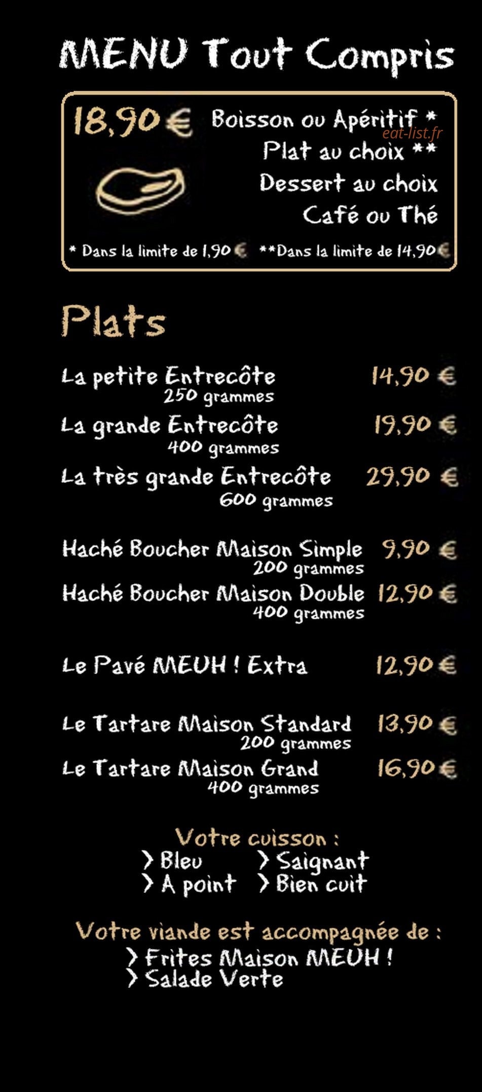 Carte et menu de Meuh à Boulazac Isle Manoire — Menu