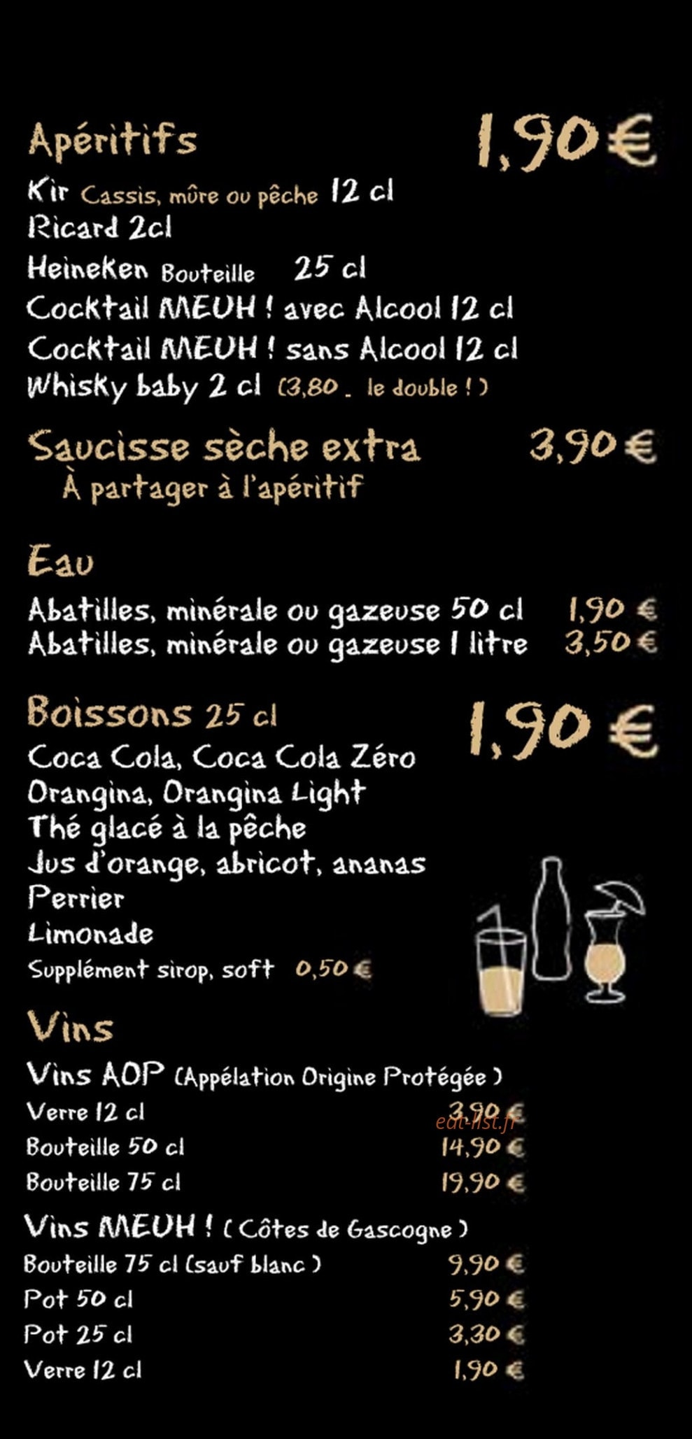 Carte et menu de Meuh à Boulazac Isle Manoire — Apéritifs, eaux, boissons,...