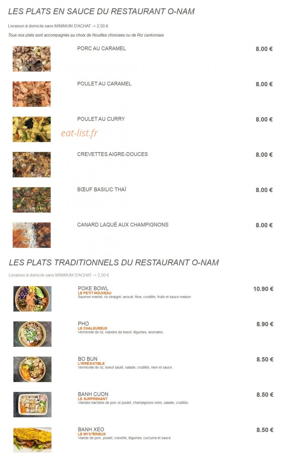 Carte et menu de O-Nam à Boulazac Isle Manoire — Les plats