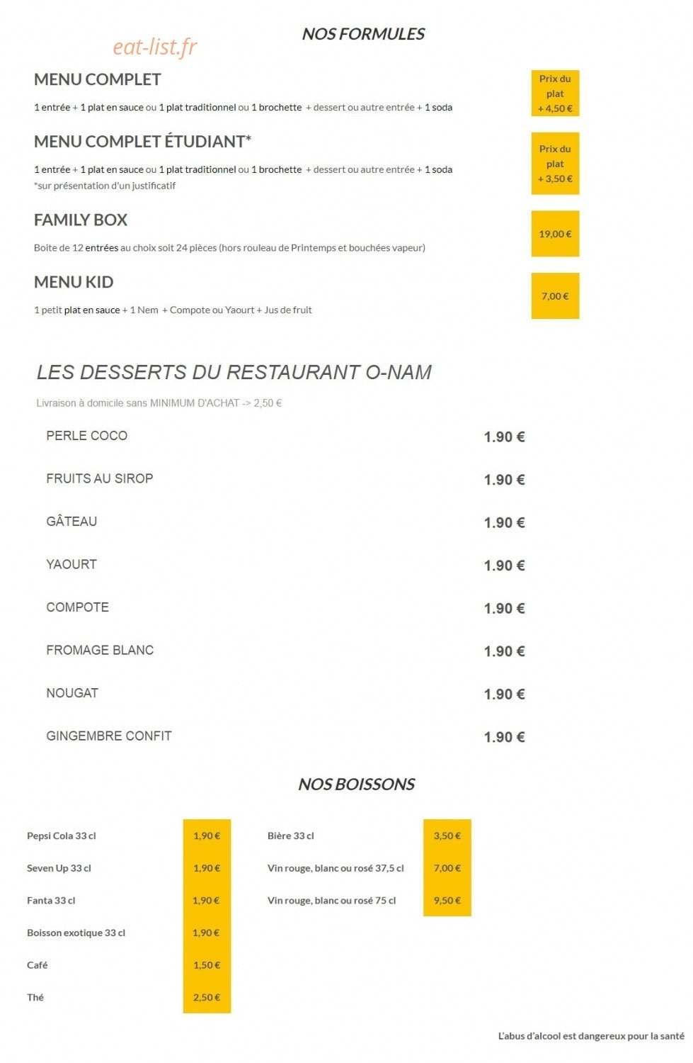 Carte et menu de O-Nam à Boulazac Isle Manoire — Les formules, desserts et boissons
