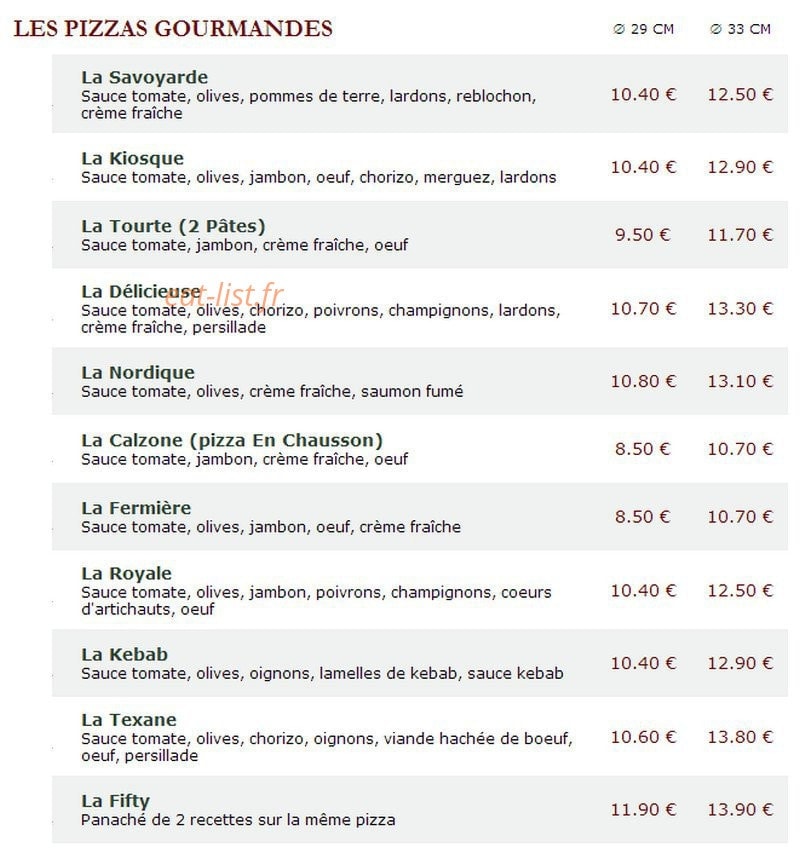 Le Kiosque à Pizzas — carte page 1