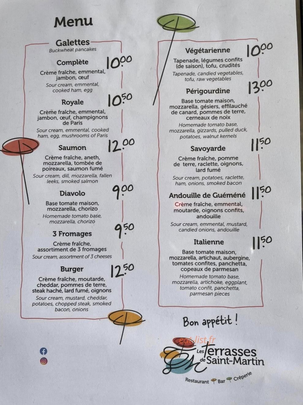 Carte et menu de Les Terrasses De Saint-Martin à Saint Martin de Fressengeas — Les galettes