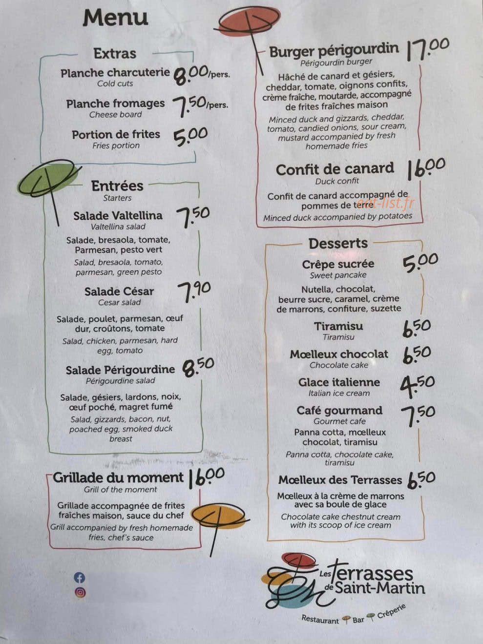Carte et menu de Les Terrasses De Saint-Martin à Saint Martin de Fressengeas — Les extras, entrées, ...