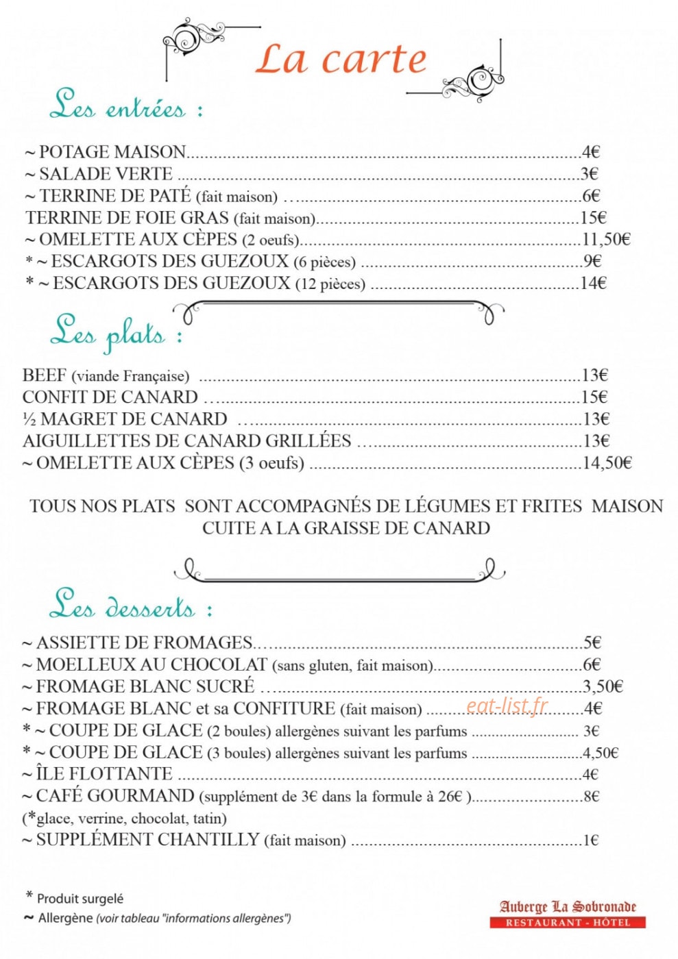 Auberge la Sobronade — carte page 1