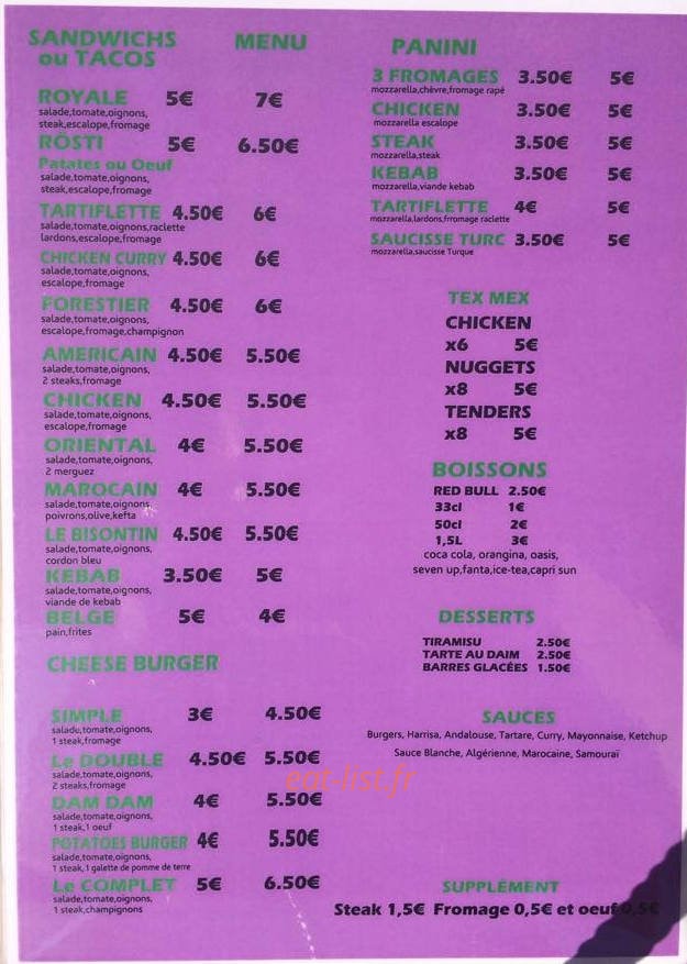 Go fast food — carte page 1