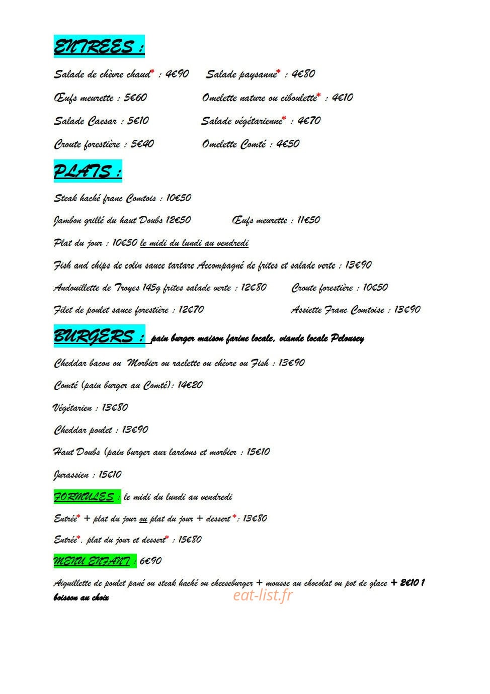 Le bistrot — carte page 1