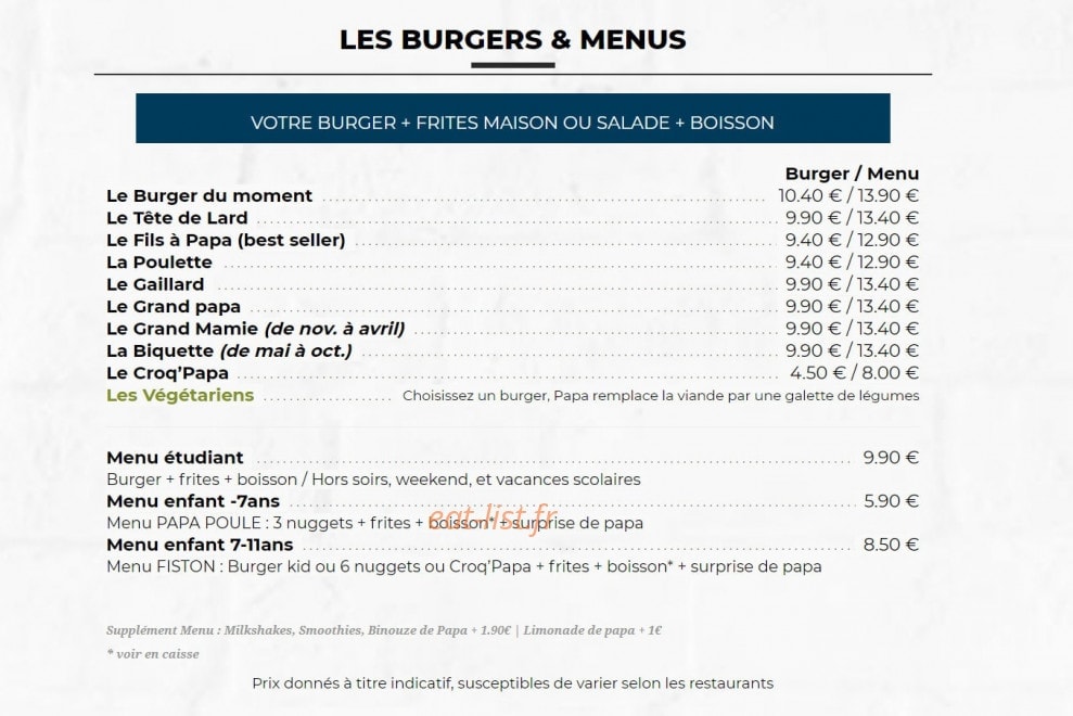 Les Burgers de Papa — carte page 2