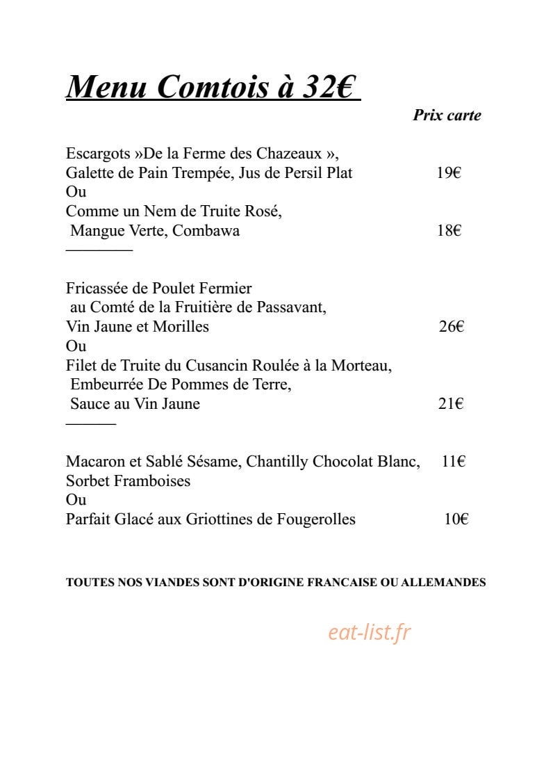 Carte et menu de Auberge des moulins à Pont les Moulins — Le menu à 32€