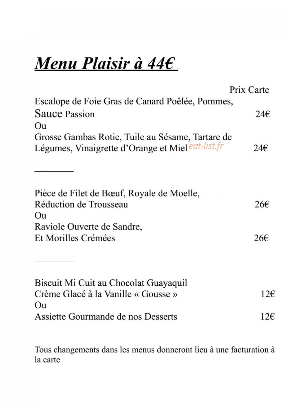 Carte et menu de Auberge des moulins à Pont les Moulins — Le menu à 44€