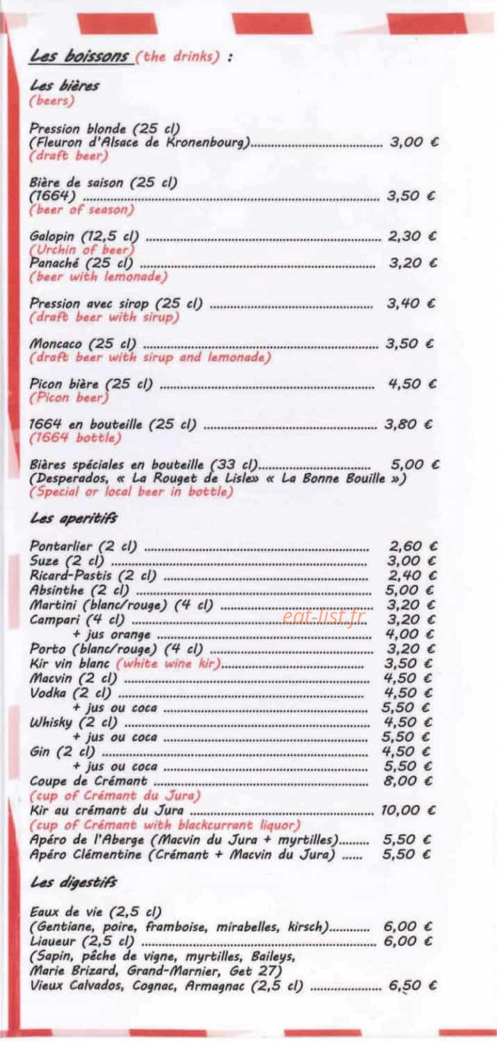 Carte et menu de Le Bistrot de l'Aberge à Labergement Sainte Marie — Bières, apéritifs et digestifs