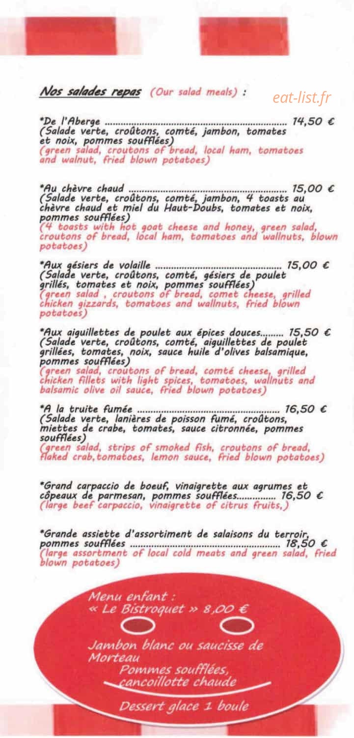 Carte et menu de Le Bistrot de l'Aberge à Labergement Sainte Marie — Salades repas