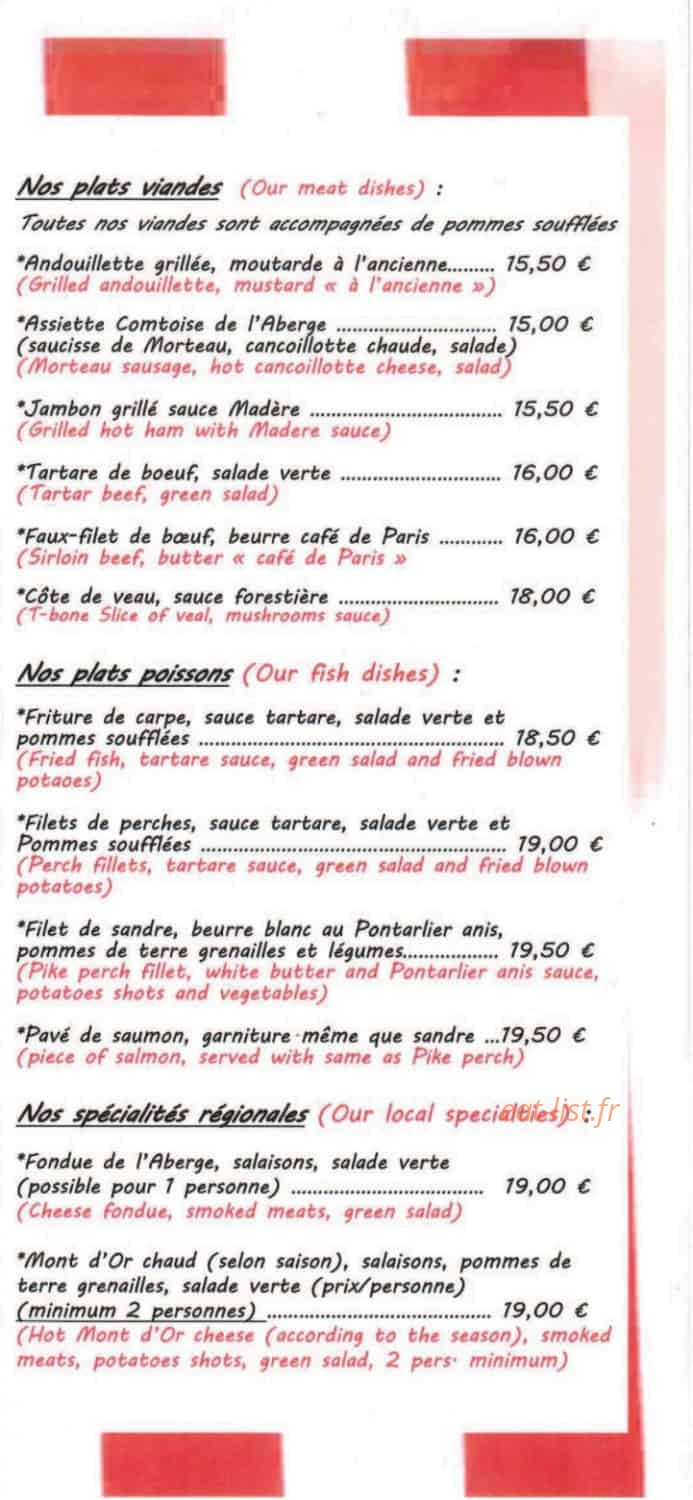 Carte et menu de Le Bistrot de l'Aberge à Labergement Sainte Marie — Viandes, poissons et spécialités