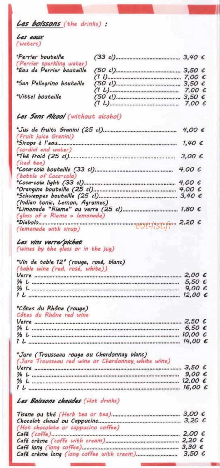 Carte et menu de Le Bistrot de l'Aberge à Labergement Sainte Marie — Eaux, sans alcools, vins au verre,...