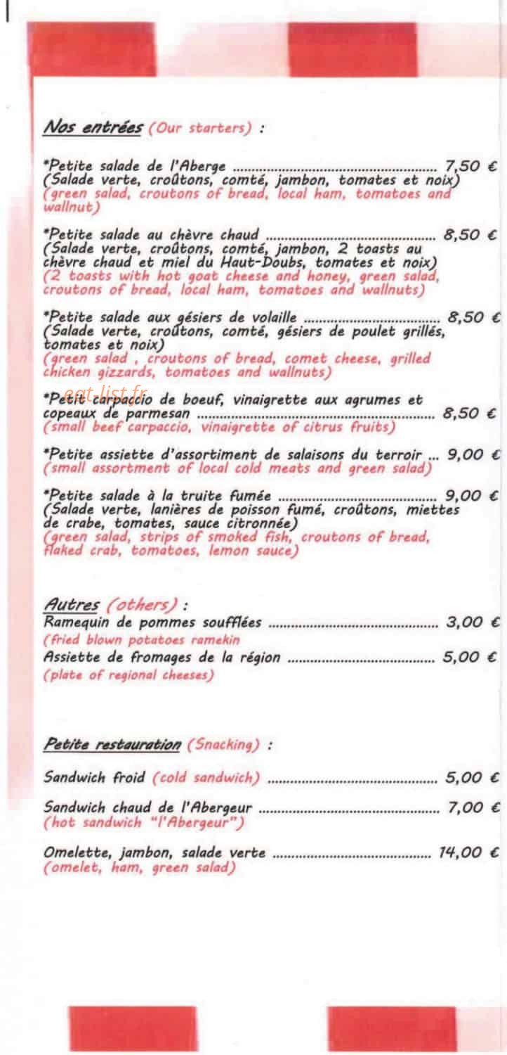 Carte et menu de Le Bistrot de l'Aberge à Labergement Sainte Marie — Entrées, autres et snacking