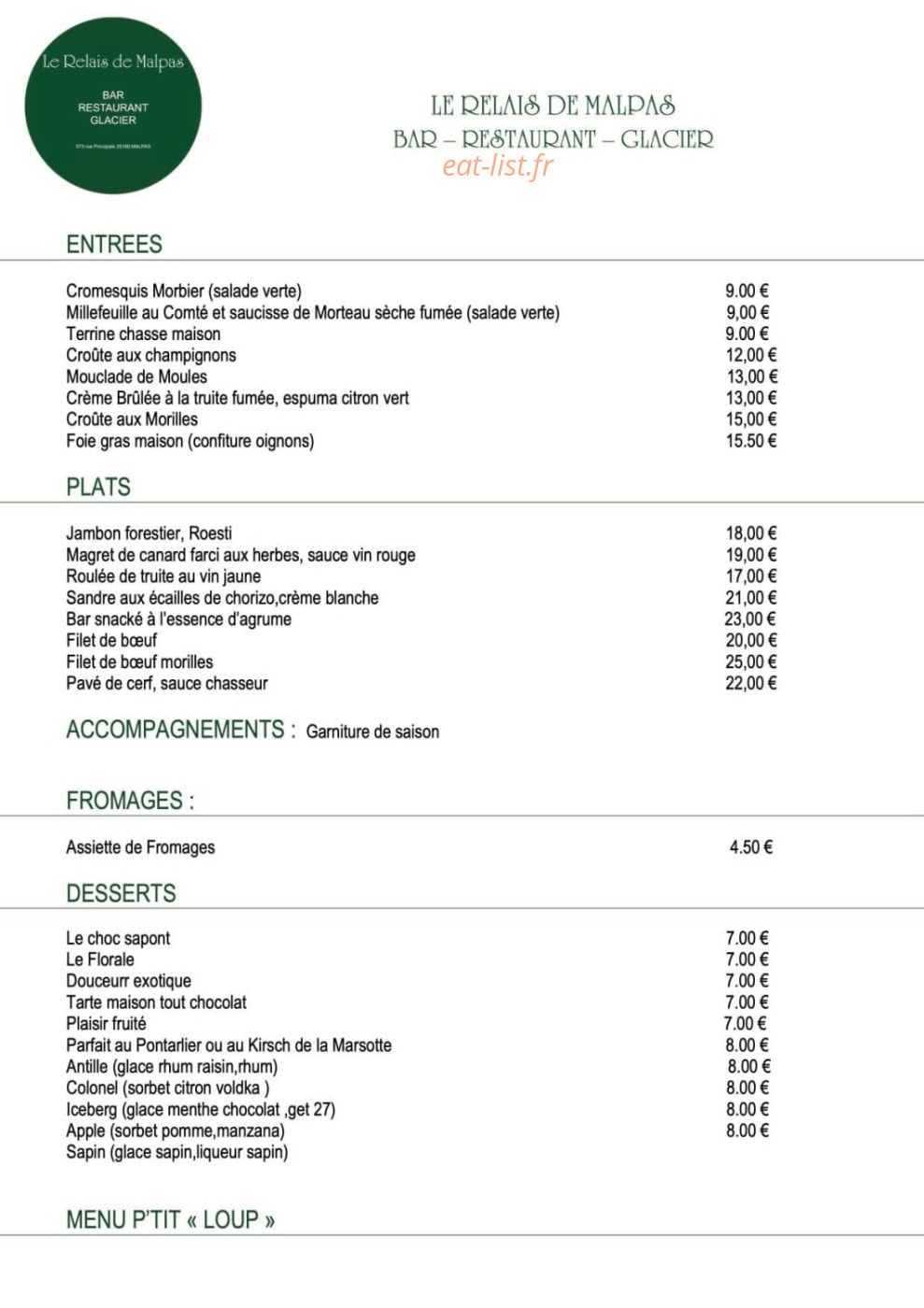 Le Relais de Malpas — carte page 1