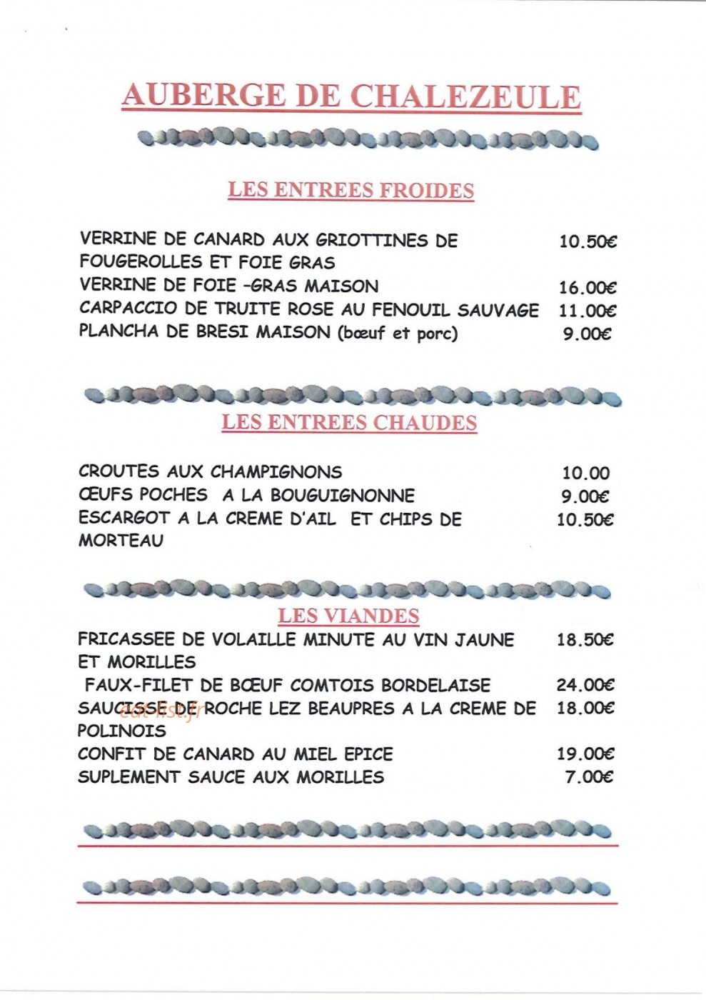 Auberge de Chalezeule — carte page 1