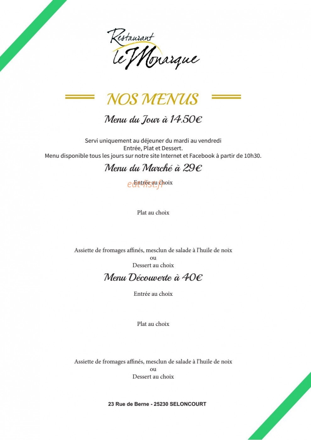 Restaurant Le Monarque — carte page 1