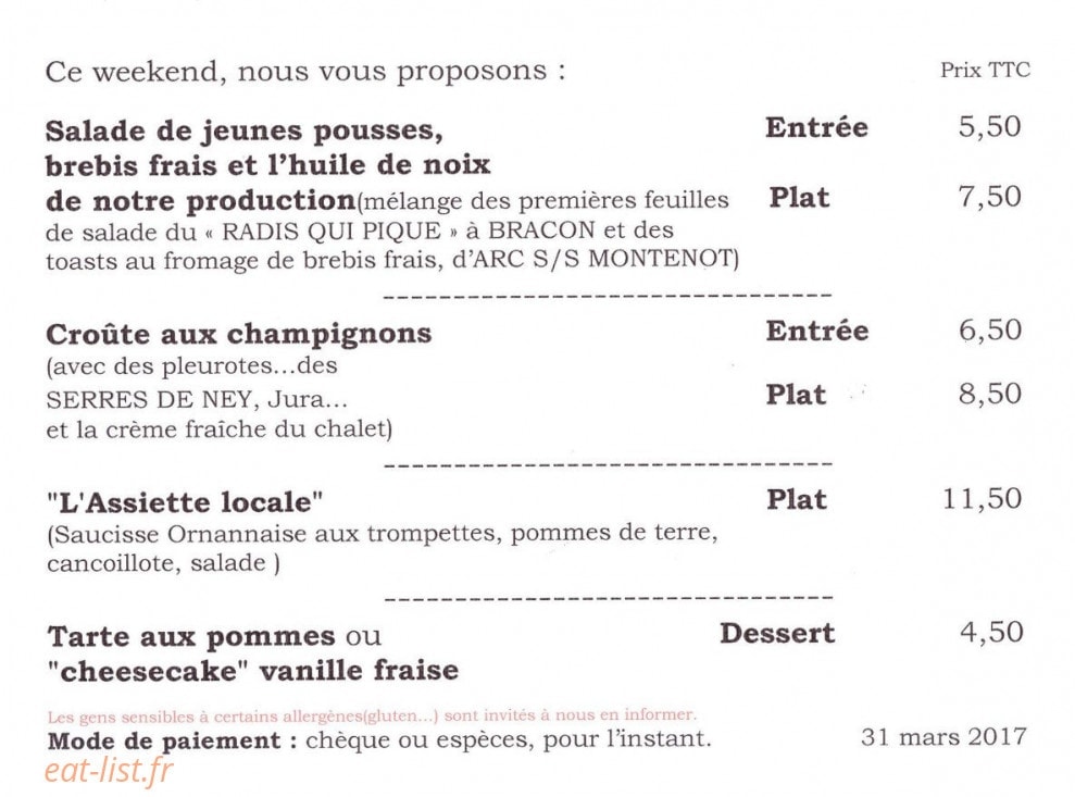 Carte et menu de L'Auberge du Pont du Diable Chez Boscher à Crouzet Migette — page 1