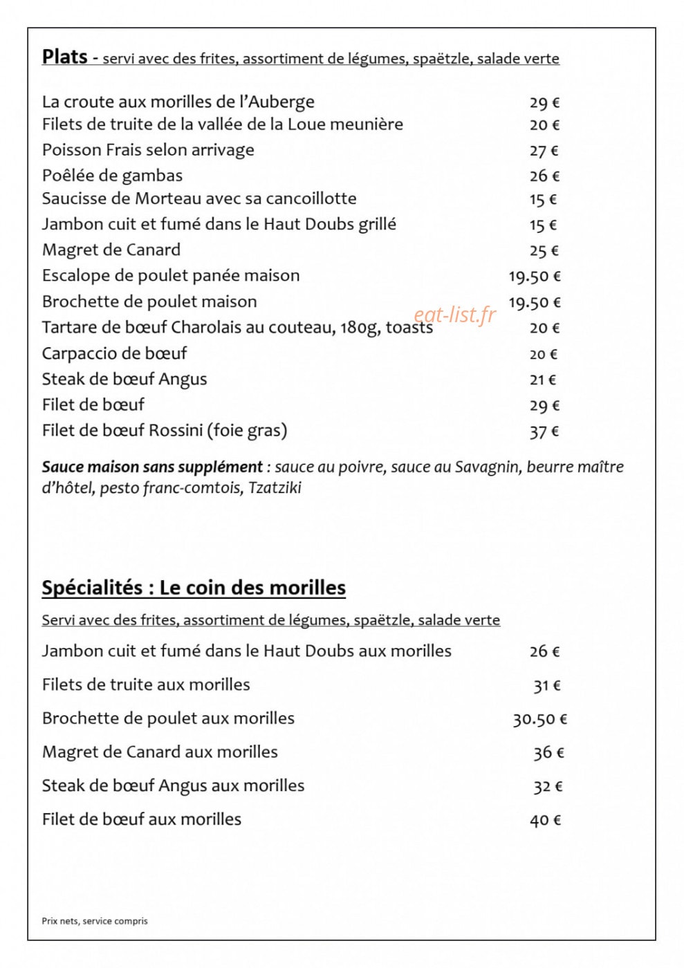 Carte et menu de L'auberge du château de joux à La Cluse et Mijoux — Les plats et spécialités