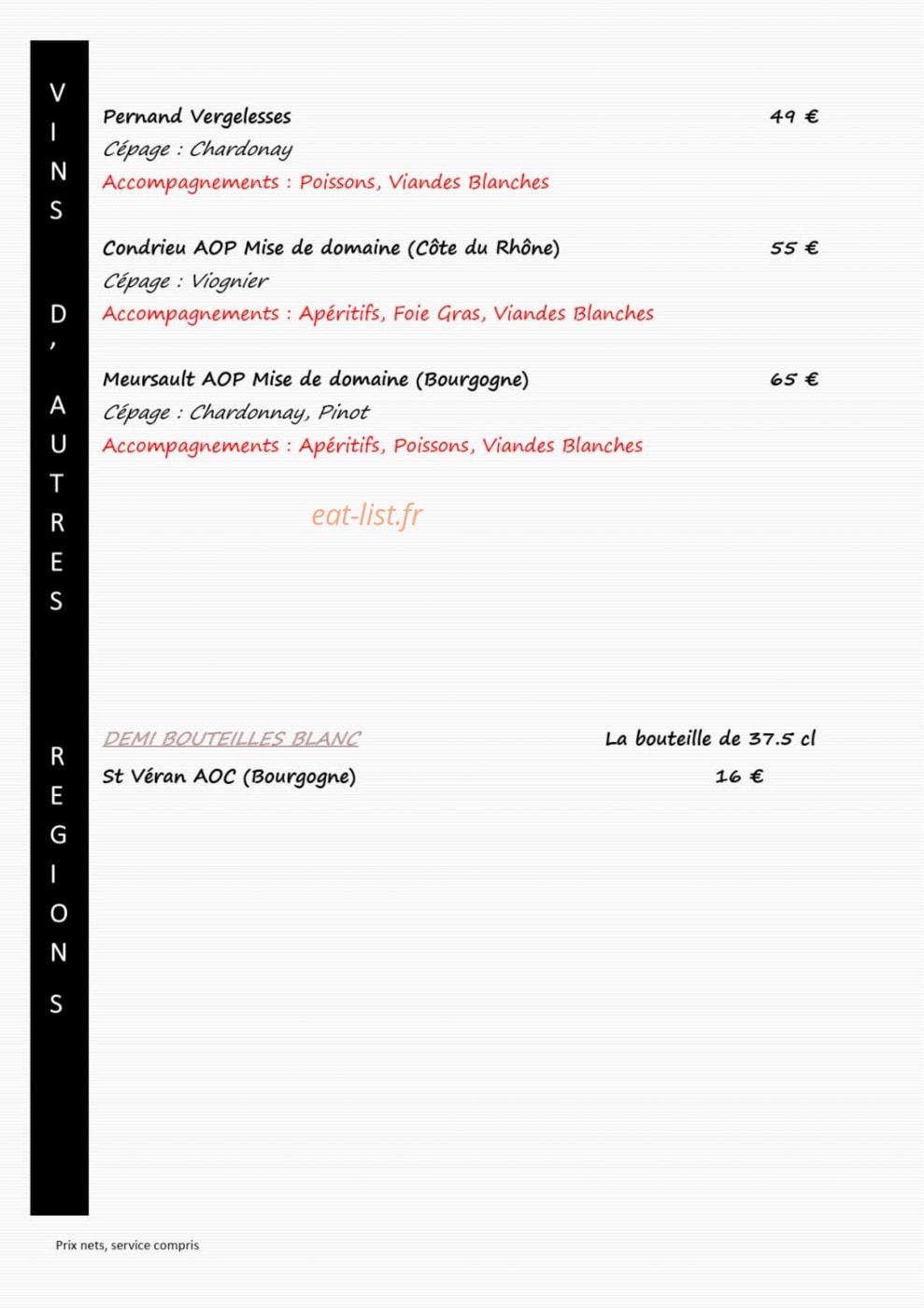 Carte et menu de L'auberge du château de joux à La Cluse et Mijoux — Les vins blancs d'autre région (suite)