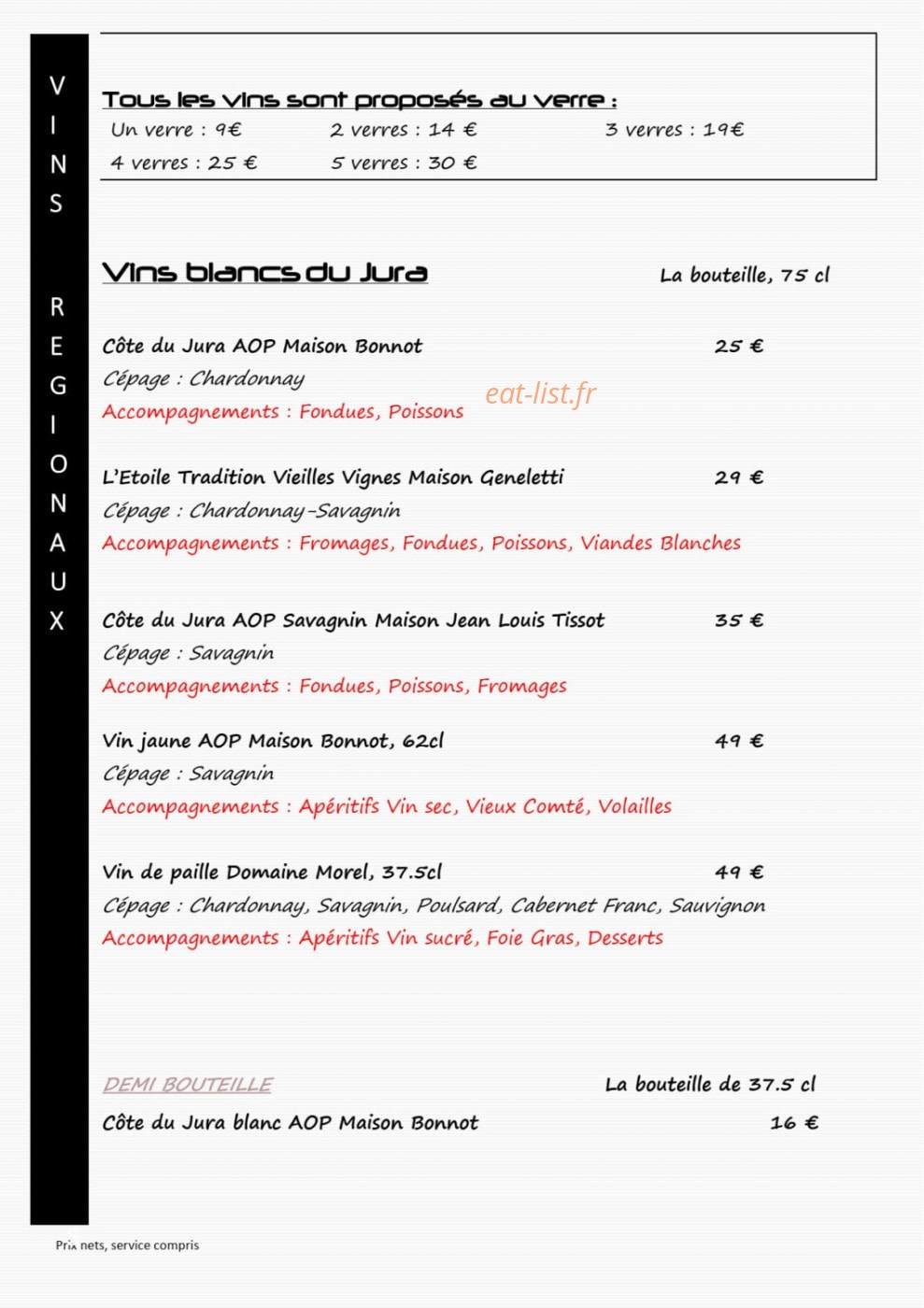 Carte et menu de L'auberge du château de joux à La Cluse et Mijoux — Les vins blancs de jura